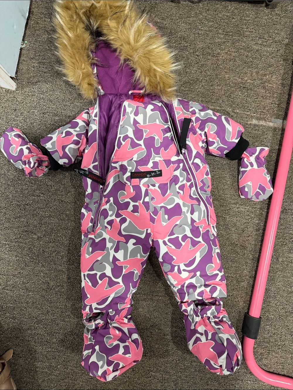 Kids Pink & Purple Camouflage Puffer Snowsuit with Faux Fur Hood